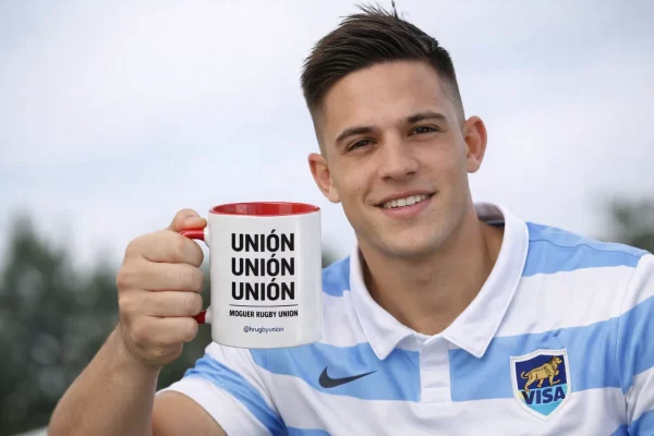 jugador de rugby con camiseta de argentina sosteniendo taza moguer rugby union